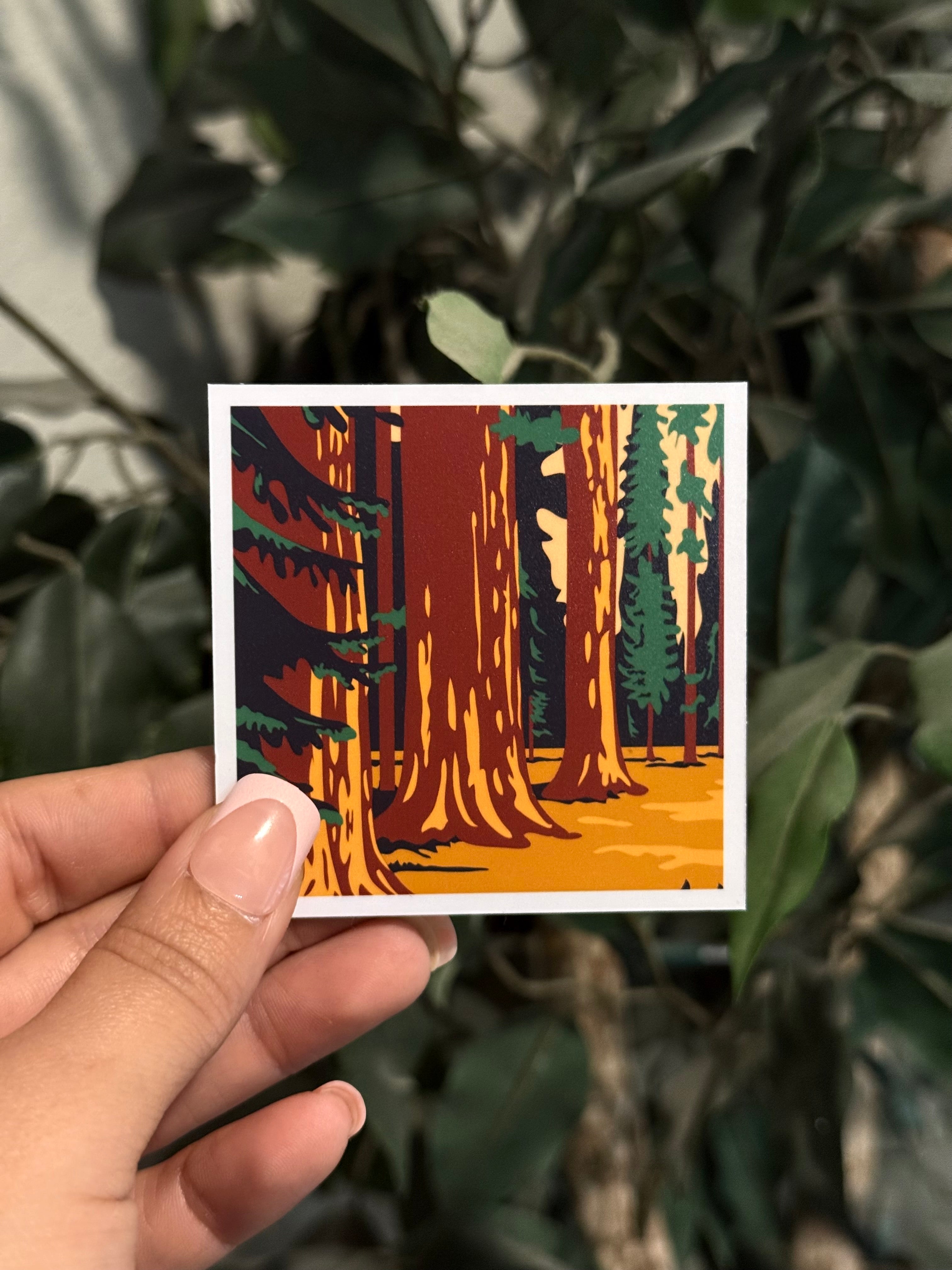 Hand holding a mini personalized photo magnet of trees against a natural background