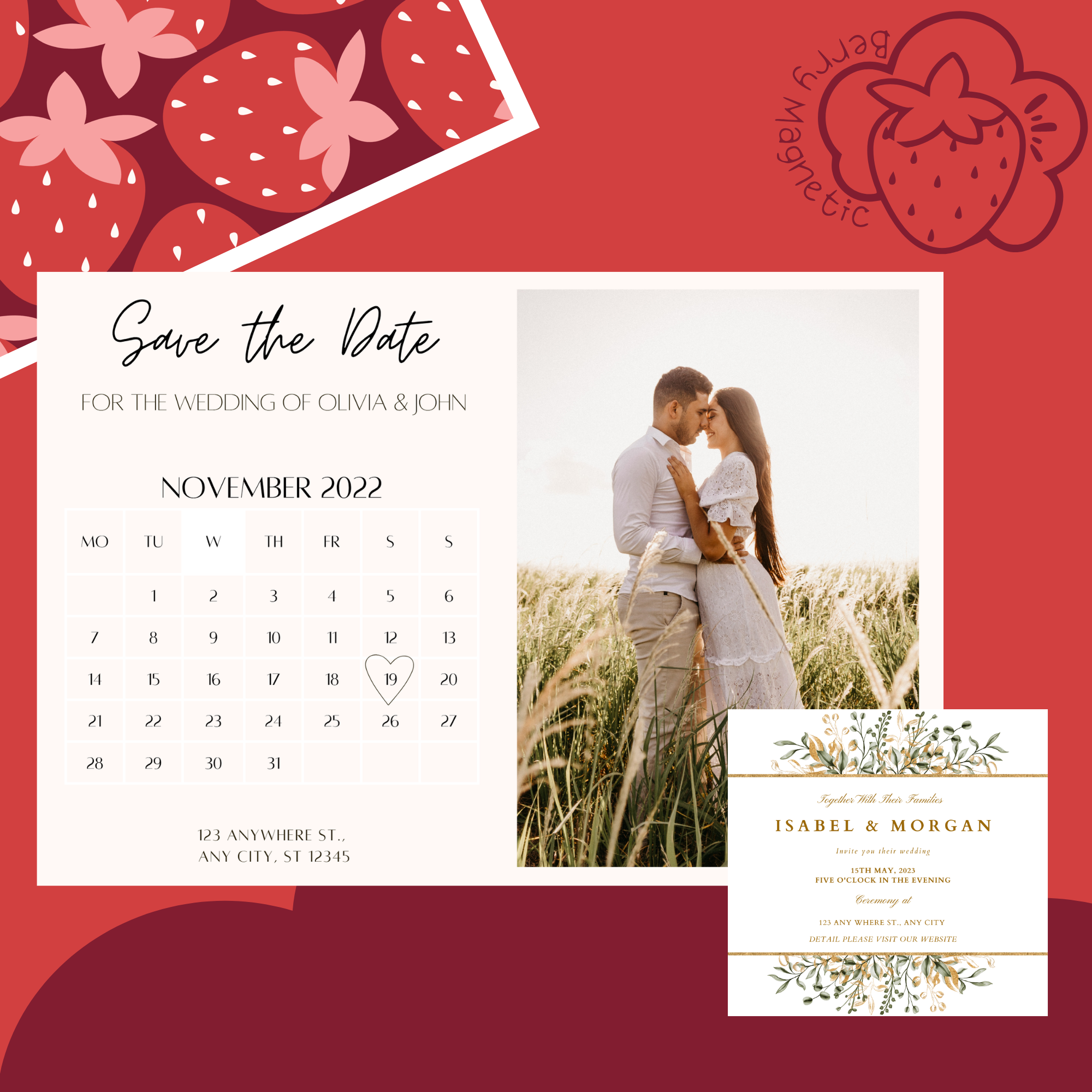 A mockup of a 2.75"x2.75" square and 5"x7" save the date sample offered as a sample to test look and feel.