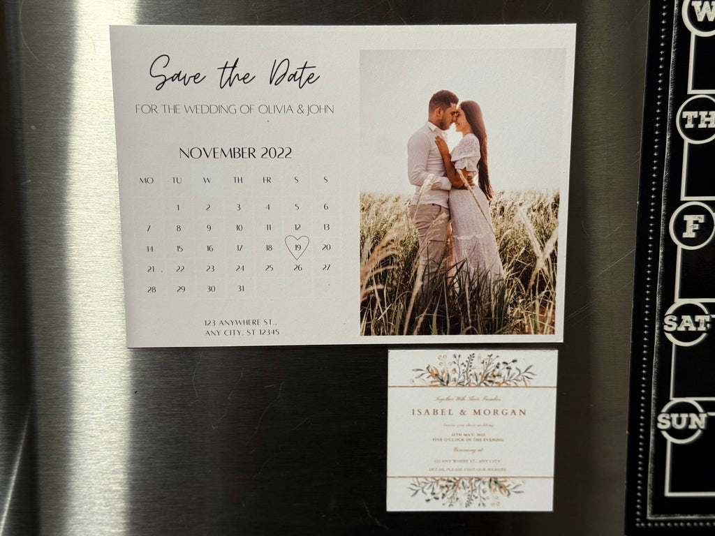 Both square and standard personalized magnet save the dates displayed on refrigerator surface
