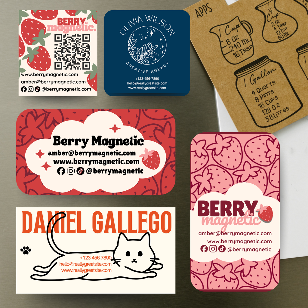 A mockup collection of personalized photo magnetic square and standard business cards displayed on a refrigerator surface.