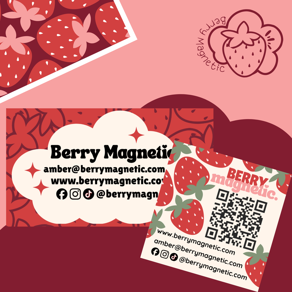 Mockup of personalized photo magnetic business cards, one 2.75"x2.75" square qr code business card, and one standard 2.5" x 3" business card included in sample pack