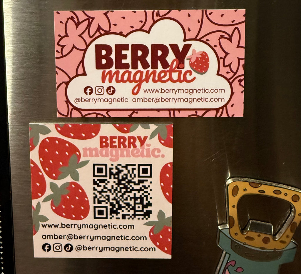 Both square with qr code and standard Berry Magnetic business cards displayed on refrigerator surface