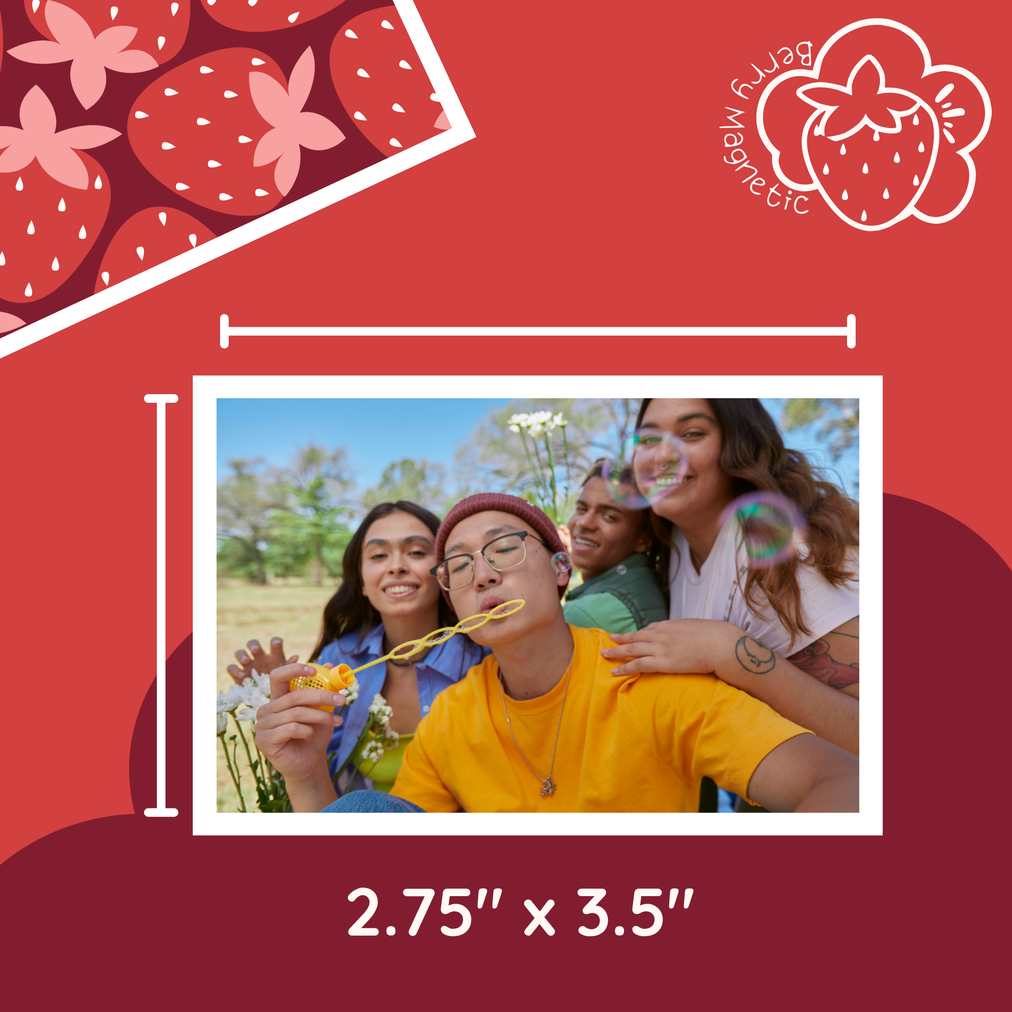 Sample mockup of the Berry Medium Magnet, 2.75"x3.5" personalized vinyl photo magnet, perfect keepsake for any metal surface.