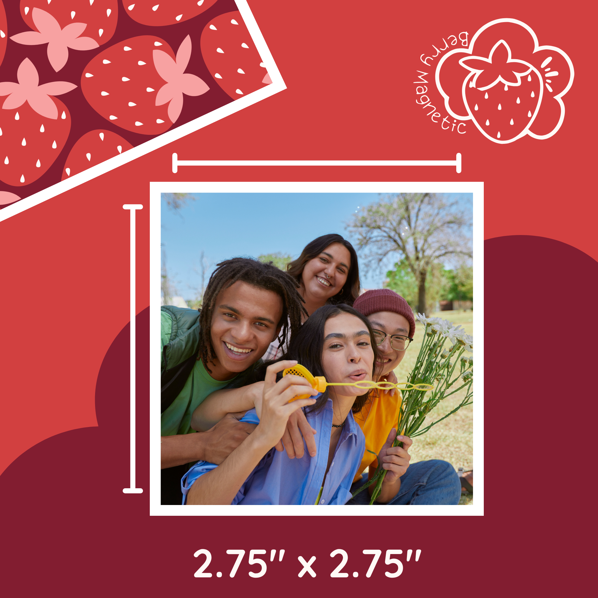 A mockup of our Berry Mini Magnet, 2.75" 2.75" square, personalized square photo magnet. An adorable keepsake for any metal surface.