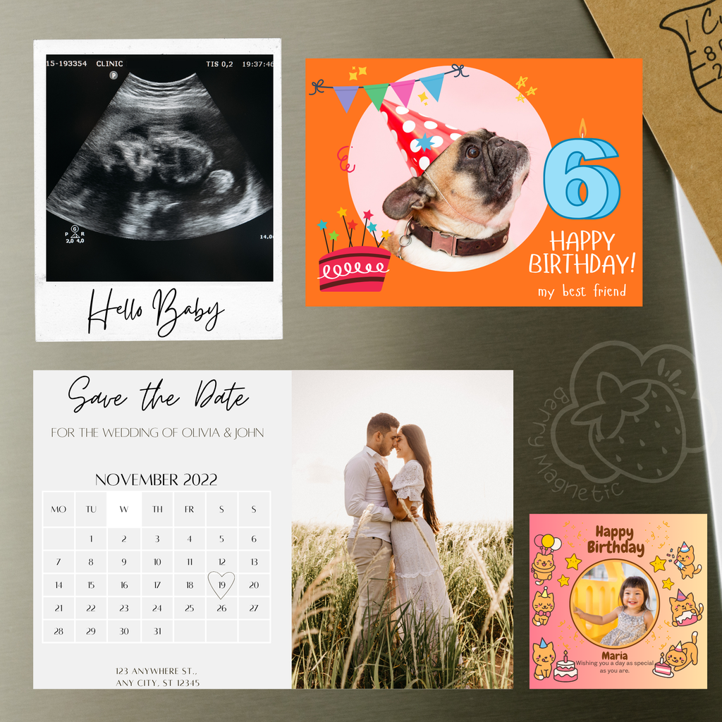 Sample mockup collection of personalized photo magnets on refrigerator surface with save the dates, special announcements and invitations.