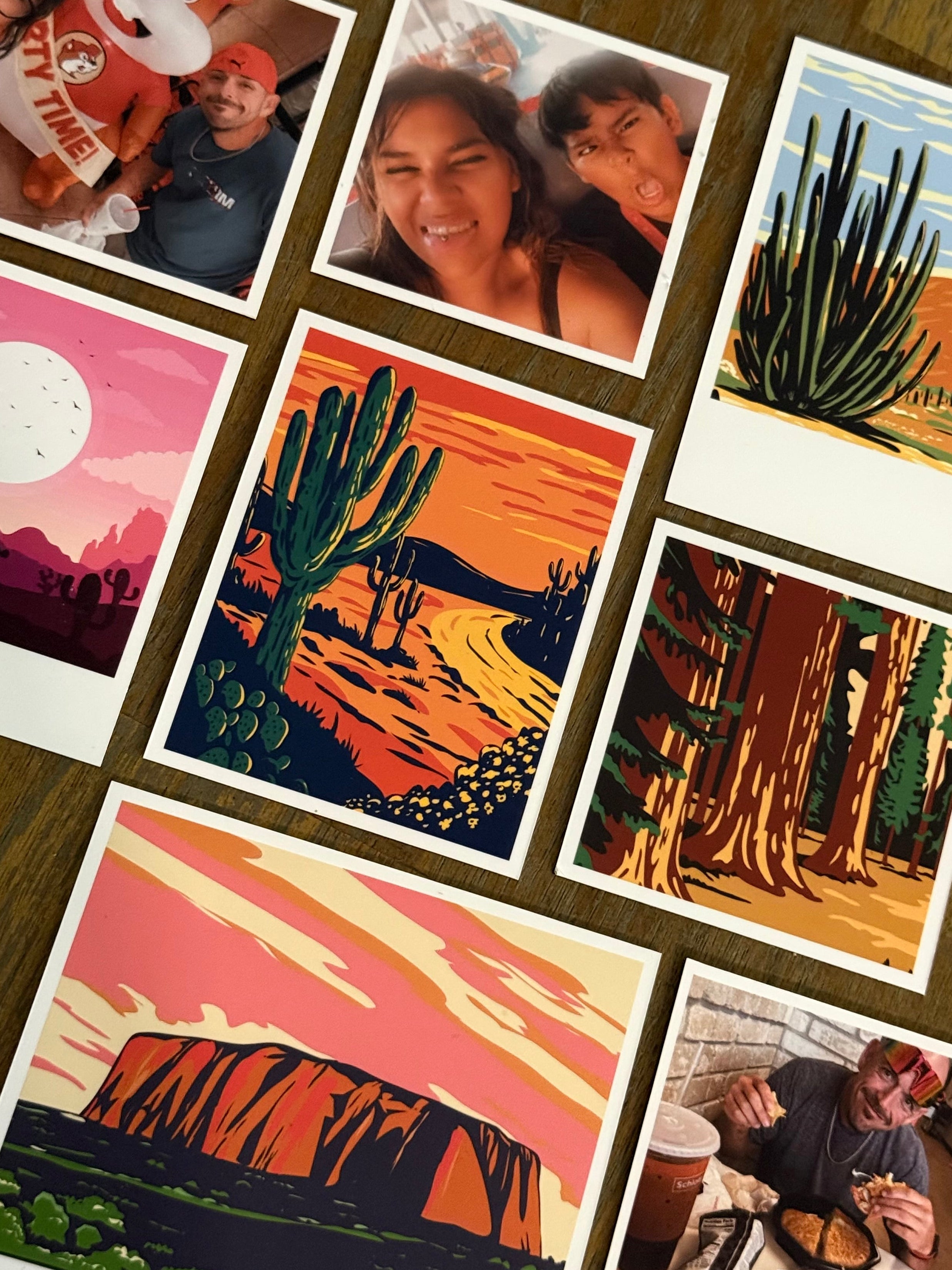 Collection of photo magnets featuring scenic landscapes and people on a wooden surface