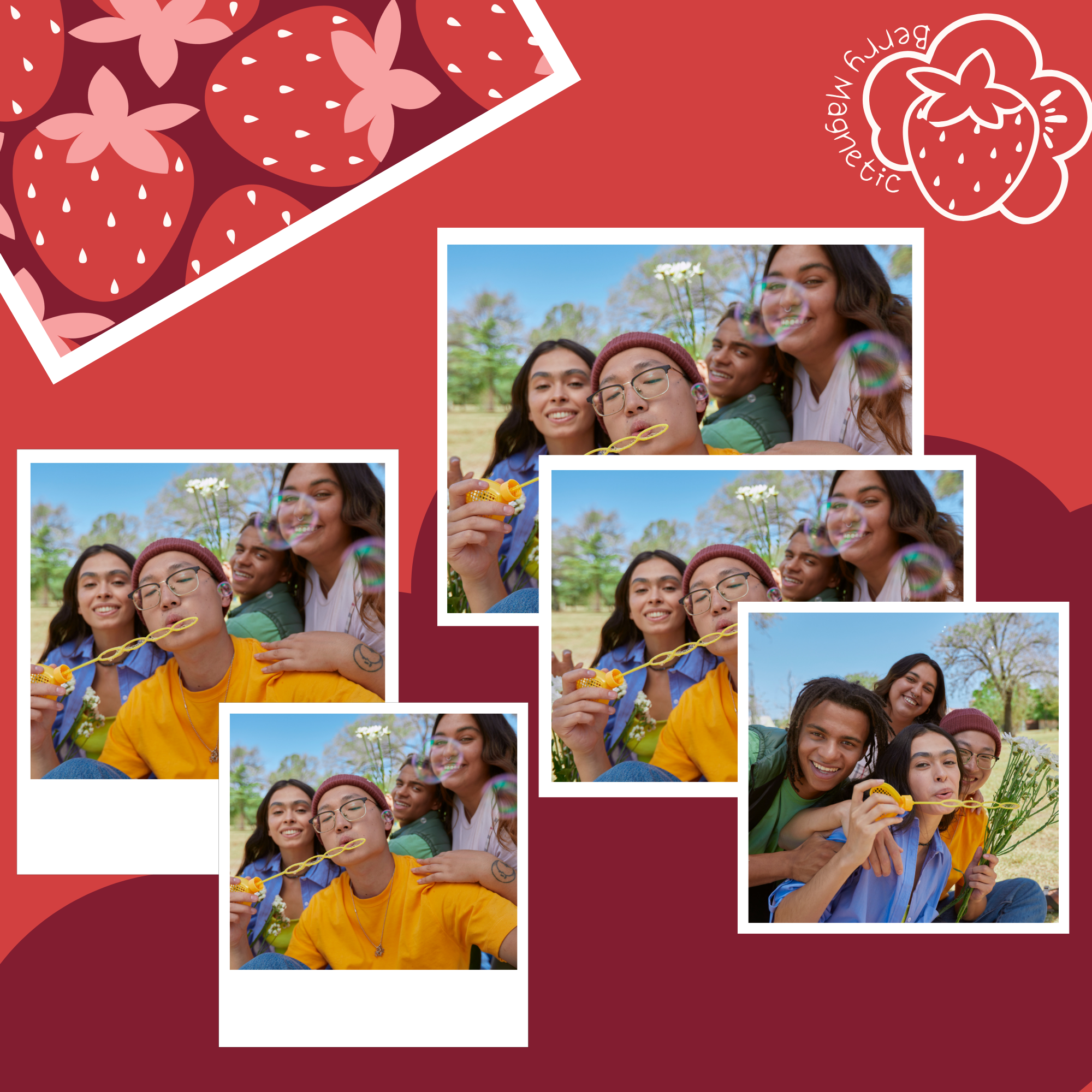 Sample pack of all five Berry Magnetic sizes offered for personalized vinyl photo magnets for fridge, lockers or metal surface. One mini square, medium rectangle, large rectangle, mini polaroid and standard polaroid.